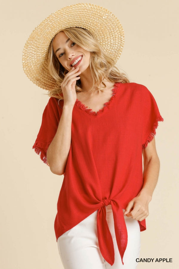 Red Linen V Neck Short Sleeve Top with Front Tie Knot