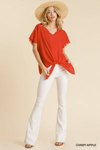 Red Linen V Neck Short Sleeve Top with Front Tie Knot -Plus