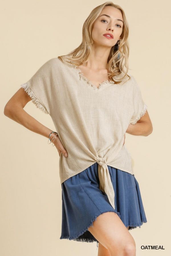 Oatmeal Linen V Neck Short Sleeve Top with Front Tie Knot