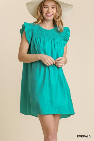 Emerald Smocked Yoke Ruffle Sleeves Dress
