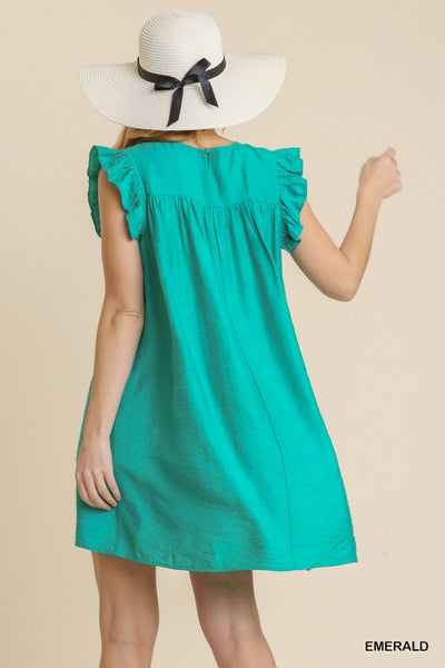 Emerald Smocked Yoke Ruffle Sleeves Dress