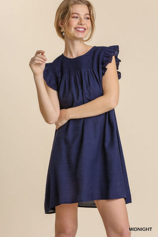 Navy Smocked Yoke Ruffle Sleeves Dress