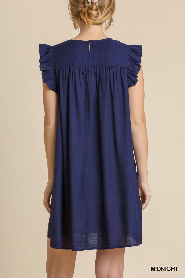 Navy Smocked Yoke Ruffle Sleeves Dress