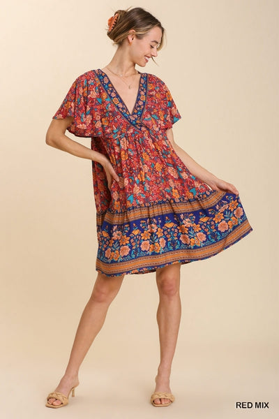 Red and Blue Mix Print V-Neck Cape Sleeve Dress
