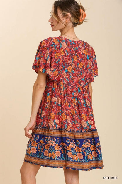 Red and Blue Mix Print V-Neck Cape Sleeve Dress