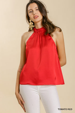 Red Satin Sleeveless Halter Top