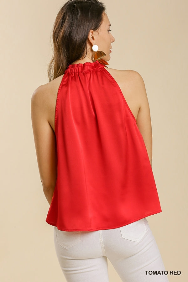 Red Satin Sleeveless Halter Top