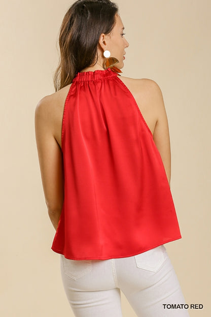 Red Satin Sleeveless Halter Top