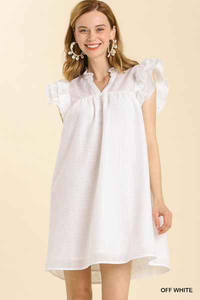 White Ruffle Sleeve Split Neck Dress