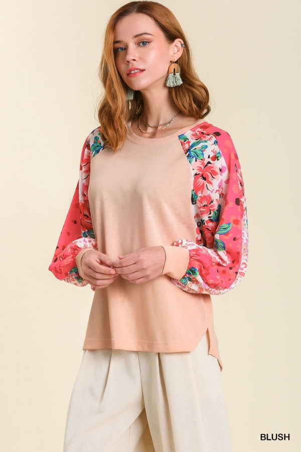Blush Linen Blend Floral Raglan Sleeve Top