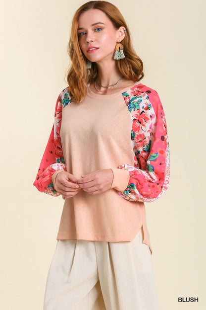 Blush Linen Blend Floral Raglan Sleeve Top