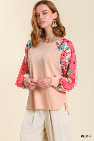 Blush Linen Blend Floral Raglan Sleeve Top