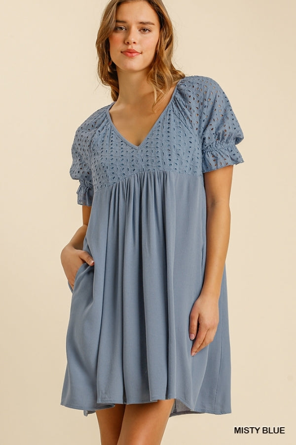 Misty Blue V Neck Ruffled Sleeve Babydoll Dress with Pockets