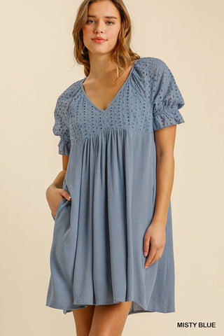 Misty Blue V Neck Ruffled Sleeve Babydoll Dress with Pockets
