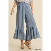 Dusty Blue Eyelet Detail Ruffle Hem Wide Leg Elastic Pants