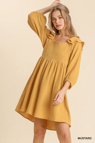 Mustard 3/4 Sleeve Ruffle Detail Dress