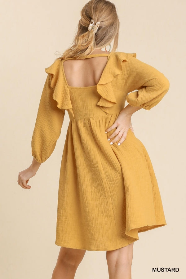 Mustard 3/4 Sleeve Ruffle Detail Dress