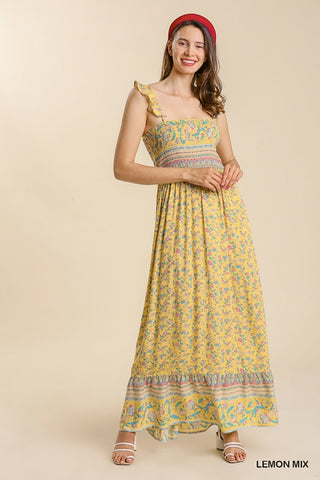 Lemon Mix Floral Smocked Maxi Dress