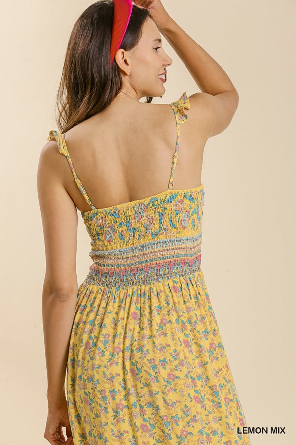 Lemon Mix Floral Smocked Maxi Dress