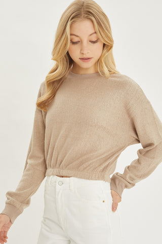 Mocha Knit Long Sleeve Elastic Waist Top