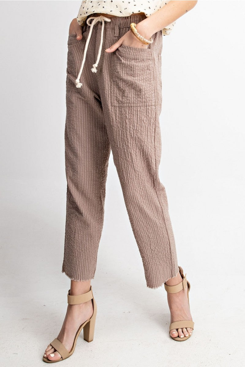 Taupe Striped Linen Pants w/ Drawstring