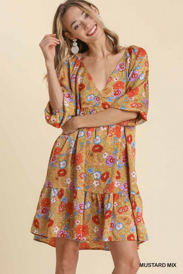 Mustard Mixed Floral Print V-Neck 3/4 Sleeve Ruched Dress