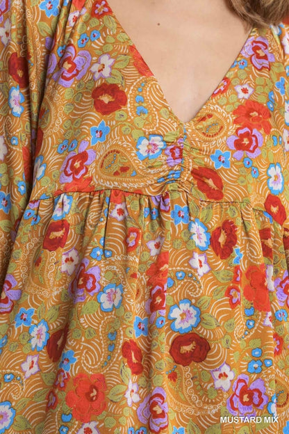 Mustard Mixed Floral Print V-Neck 3/4 Sleeve Ruched Dress