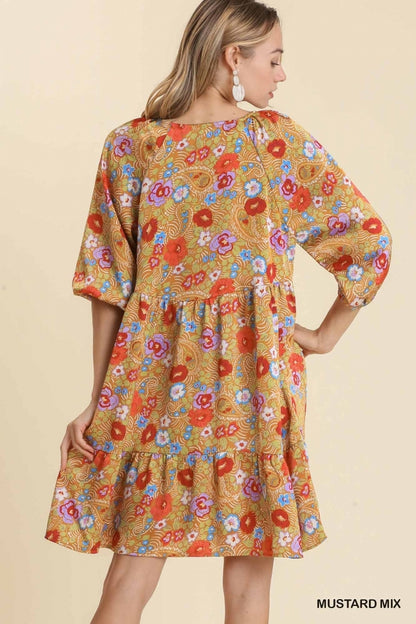 Mustard Mixed Floral Print V-Neck 3/4 Sleeve Ruched Dress