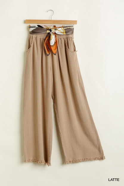 Latte Wide Leg Elastic Waist Frayed Hem Pants