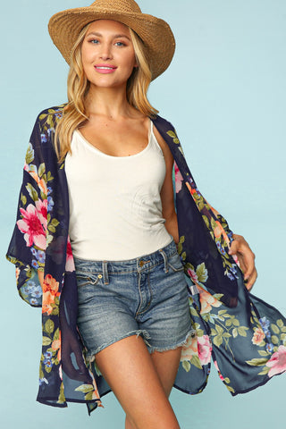 Navy Blue Floral Open Kimono Cardigan