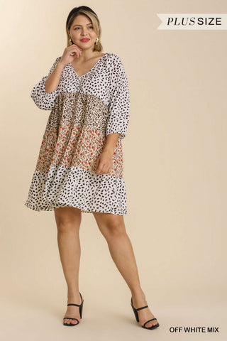 Plus Off White Mixed Print 3/4 Sleeve Dress