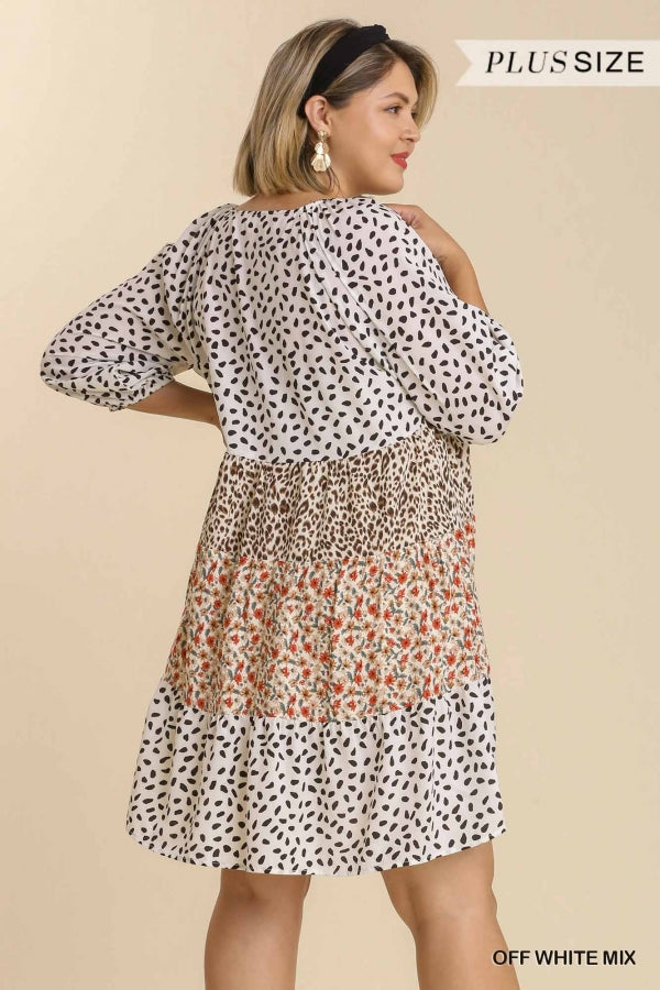 Plus Off White Mixed Print 3/4 Sleeve Dress
