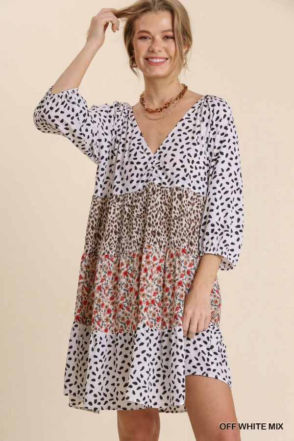 Off White Mixed Print 3/4 Sleeve Dress