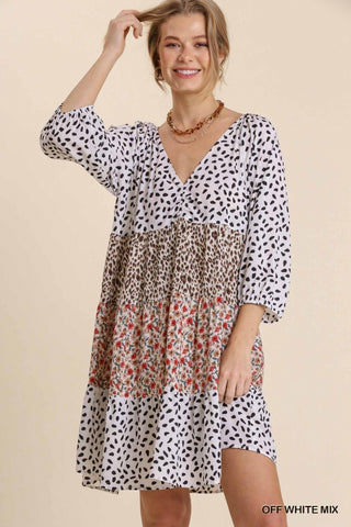 Off White Mixed Print 3/4 Sleeve Dress
