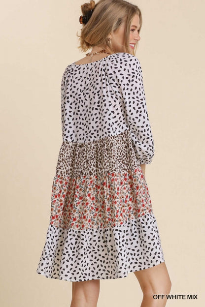 Off White Mixed Print 3/4 Sleeve Dress