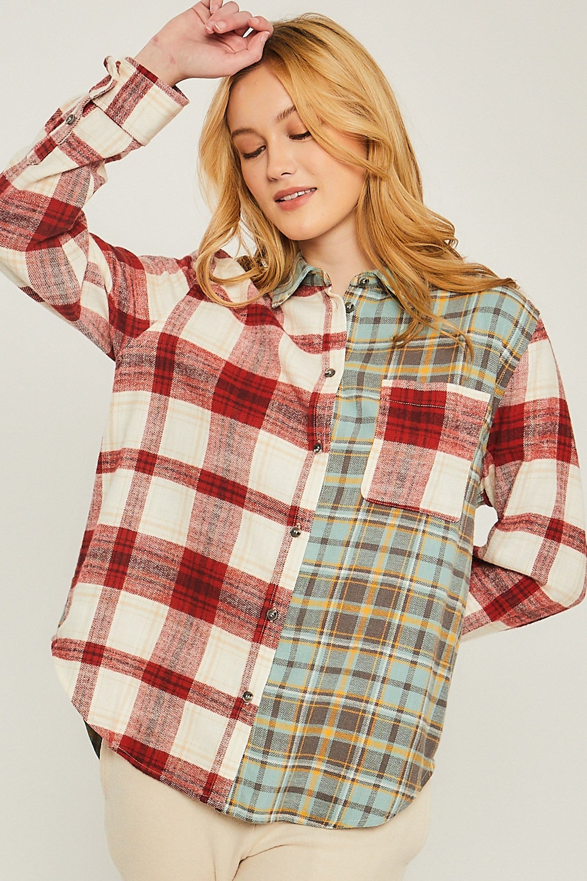 Red And Mint Plaid Color Block Button Up Flannel Top