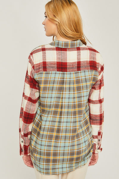 Red And Mint Plaid Color Block Button Up Flannel Top