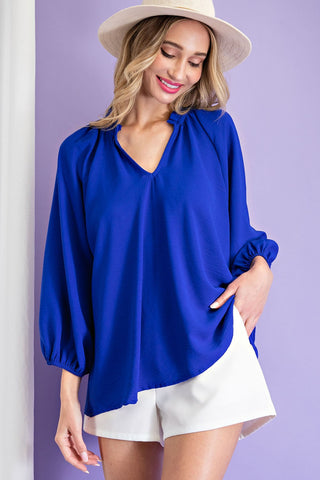 Royal Blue Puff 3/4 Sleeve Top - Plus