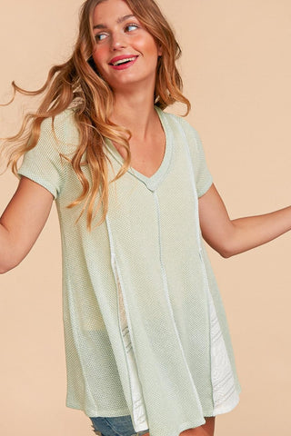 Sage Green Textured Vneck Knit Top