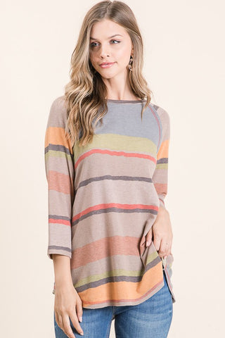 Mocha Neutral Multi Stripe 3/4 Sleeve Top