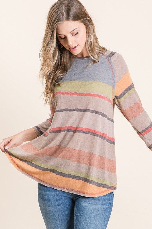 Mocha Neutral Multi Stripe 3/4 Sleeve Top
