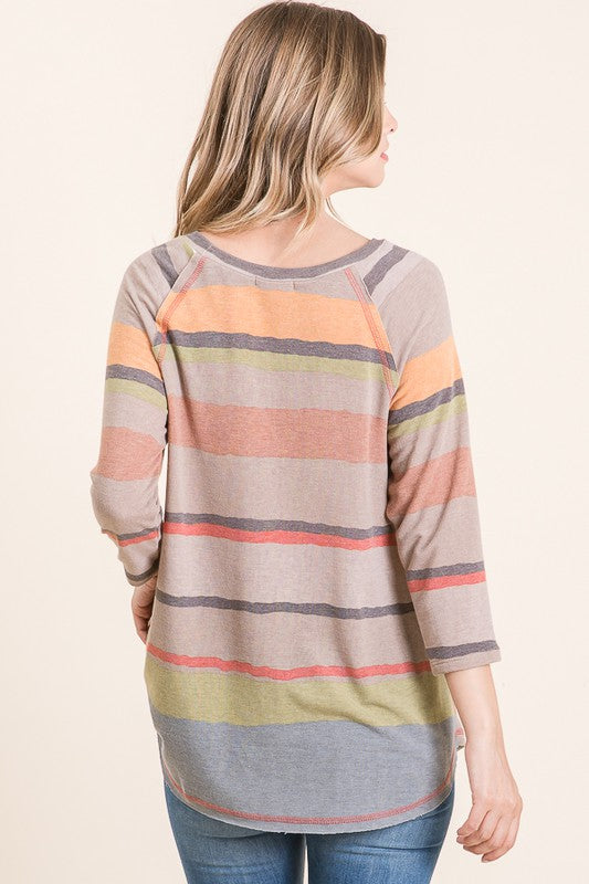 Mocha Neutral Multi Stripe 3/4 Sleeve Top