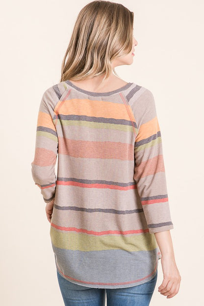 Mocha Neutral Multi Stripe 3/4 Sleeve Top