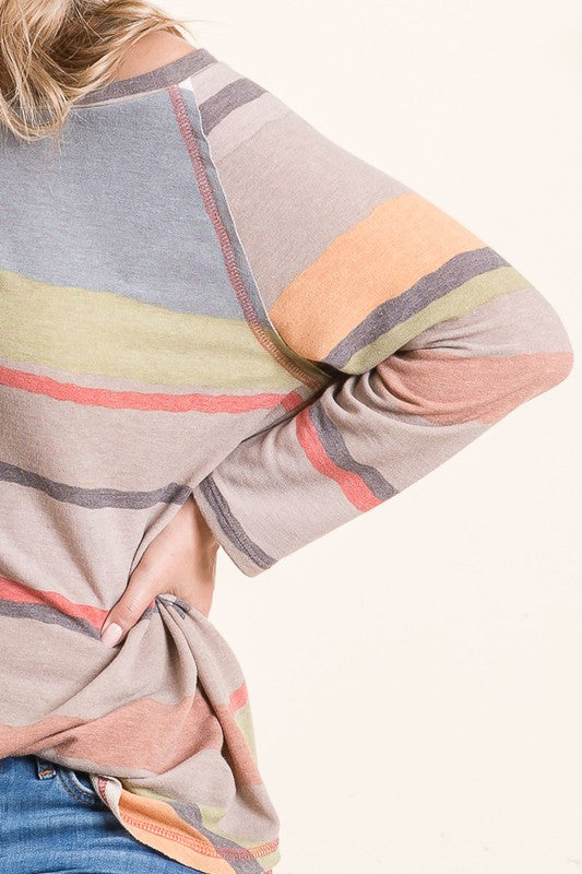 Mocha Neutral Multi Stripe 3/4 Sleeve Top