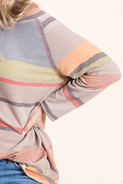 Mocha Neutral Multi Stripe 3/4 Sleeve Top