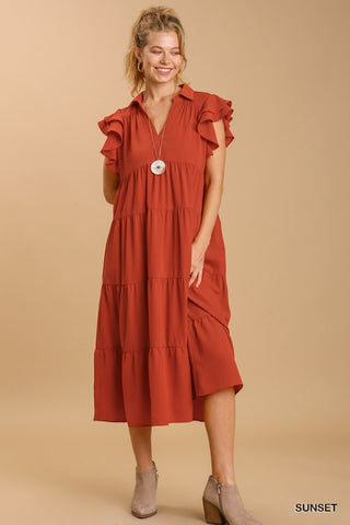 Sunset Ruffle Sleeve Tiered Midi Dress