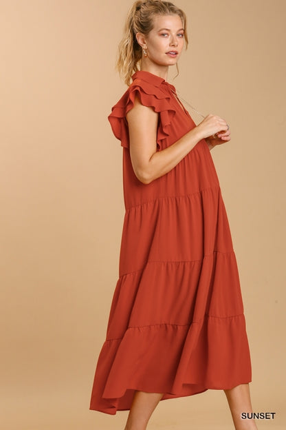 Sunset Ruffle Sleeve Tiered Midi Dress
