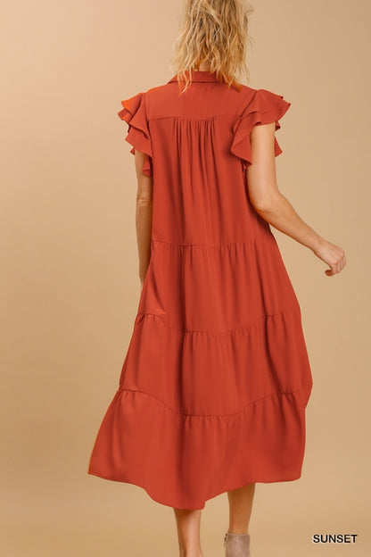 Sunset Ruffle Sleeve Tiered Midi Dress