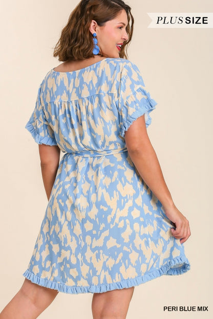 Light Blue Printed Frayed Hem Dress- Plus