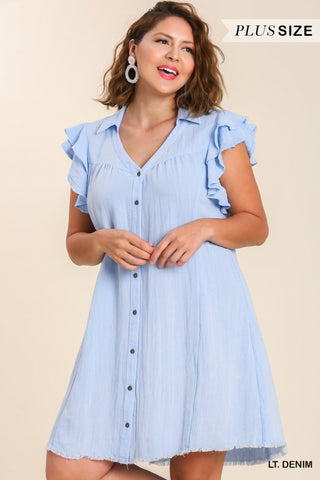 Light Denim Mineral Wash Button Up Dress- Plus